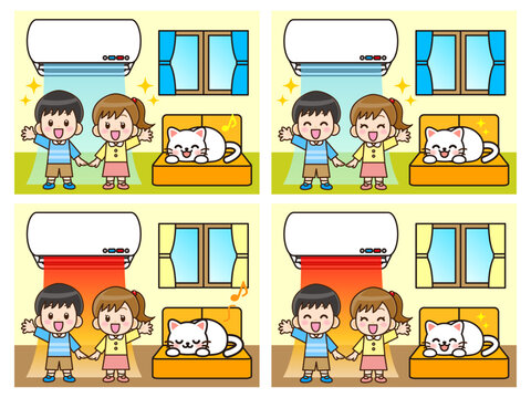エアコンと部屋と子供のイラスト素材セット