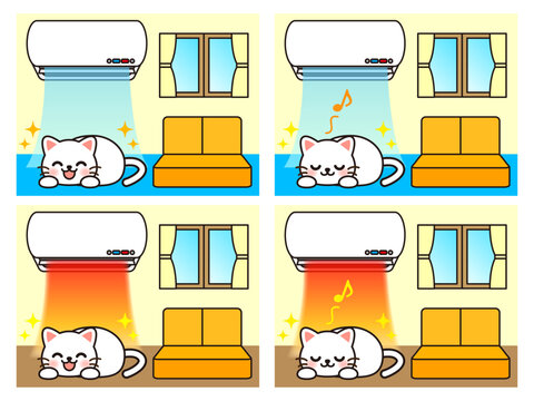 エアコンと部屋で寛ぐ猫のイラスト素材