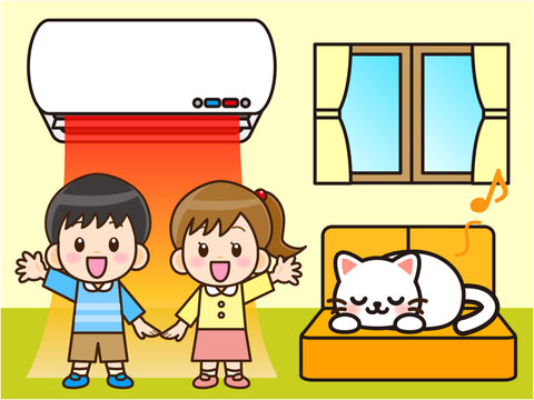 暖房で暖かい部屋に喜ぶ子供のイラスト素材
