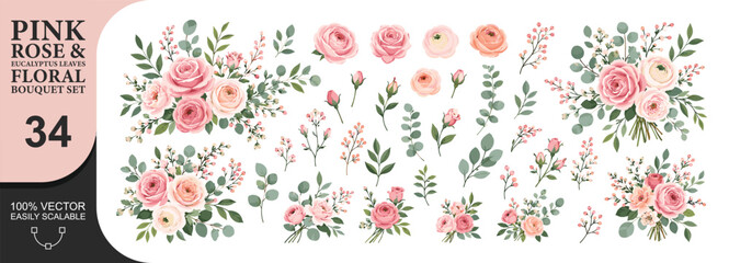 Pink rose and eucalyptus leaves floral bouquet set with ranunculus and berry branches for wedding design. © PixiBoo Studio