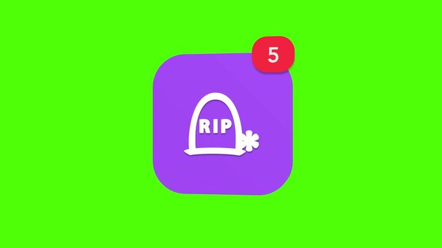 3D purple scary cemetery tombstone gravestone with explicit RIP text engraving indicating classic Halloween death notification icon popping up on green screen.