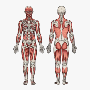 Elegant Anatomical of Human Muscular and Skeletal System in Front and Back Views with Detailed Muscles in Red
