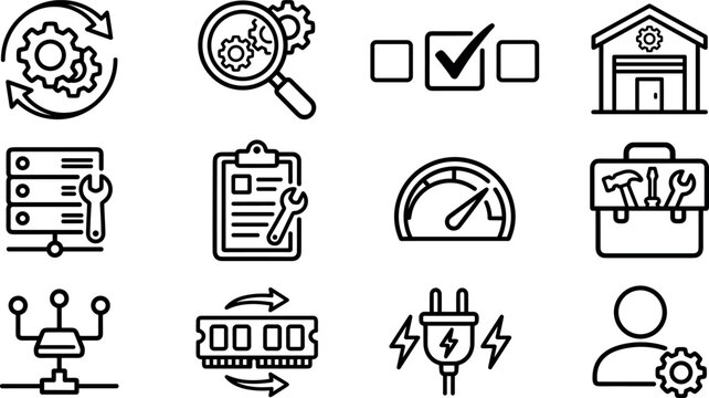 Blue linear system configuration icon set featuring database server repair and technical support graphics,
