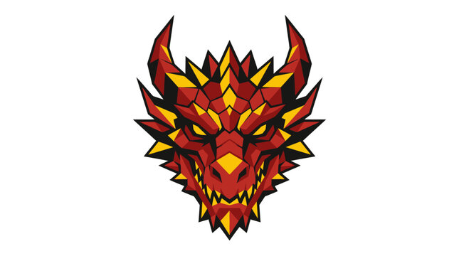 Stylized red and yellow geometric dragon head mascot illustration.