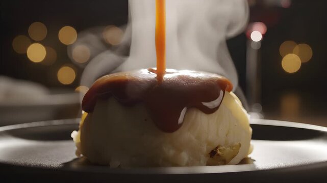 Warm caramel sauce poured over a delicious steamed pudding dessert, creating a rich and inviting culinary experience