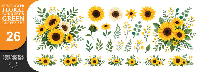 Sunflower floral bouquet and green leaves set with yellow summer blossoms and eucalyptus foliage. © PixiBoo Studio