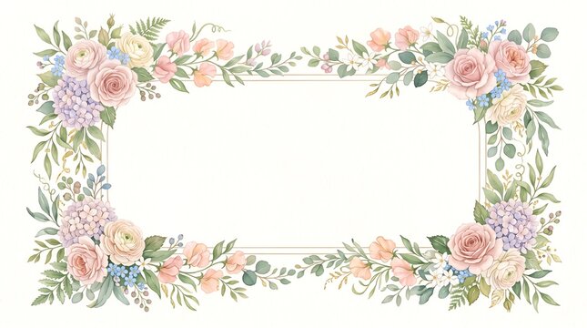 Elegant Watercolor Floral Frame with Soft Pastel Pink and Purple Flowers and Green Leaves for Wedding Invitation Card