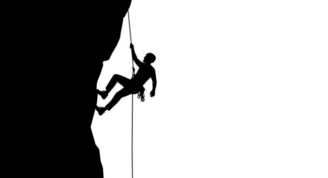 Rock climber silhouette on steep cliff, extreme sports athlete climbing mountain wall, outdoor adventure and bouldering vector illustration
