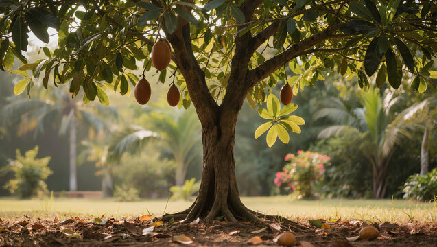 Sapodilla Tree with Ripe Fruit in a Tropical Garden Landscape