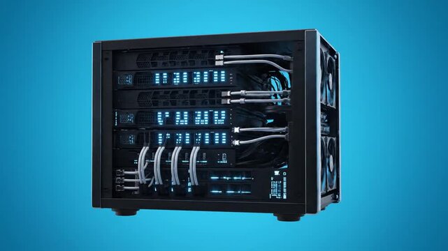High performance liquid cooled computer workstation rotating on blue background.