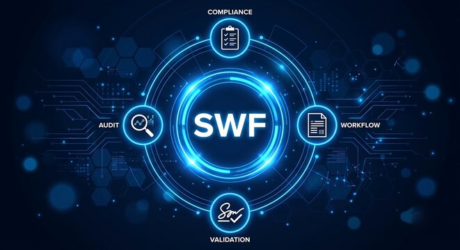 SWF acronym. SWF Sovereign Wealth Fund concept. A state-owned investment fund that manages national savings, often derived from revenues such as oil, technology ai new