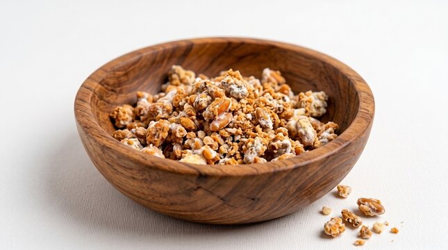 ​Crumbled raw Indonesian oncom served in a wooden bowl isolated on white background