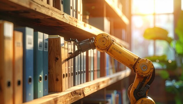 Industrial robotic arm picking folder from bookshelf, library automation, database management, digital information processing, smart technology