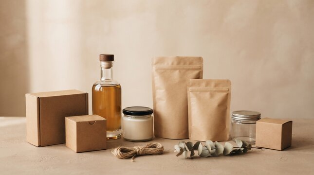 Eco friendly packaging products arranged on a neutral background with soft lighting