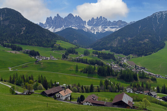 The Odle Group in the Puez-Odle Nature Park, located between Val Gardena and Val di Funes, a Unesco World Heritage Site.