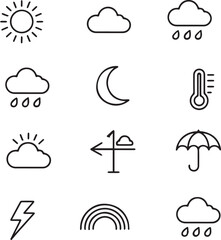 Naklejka premium Set of black and white weather icons including sun cloud rain moon thermometer umbrella and lightning Vector