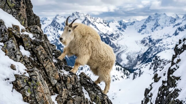 Mountain goat climbing a steep rocky cliff.