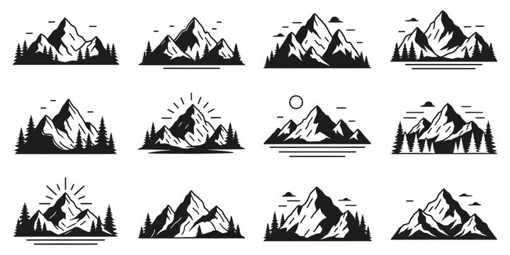 Set of twelve black and white mountain icons featuring pine trees and minimalist landscape designs