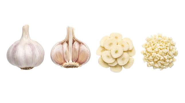 Fresh garlic collection with whole bulb, half cross section, sliced cloves and minced pieces. Raw organic garlic set isolated on white background.