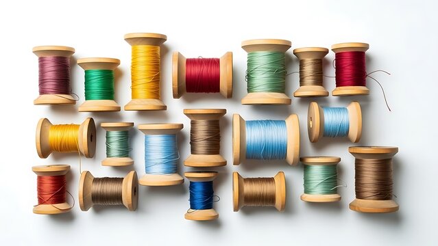 Colorful assortment of thread spools on wooden bobbins with colorful needlework tailoring collection assorted supplies clothing creative hobbyist embroidery material workshop