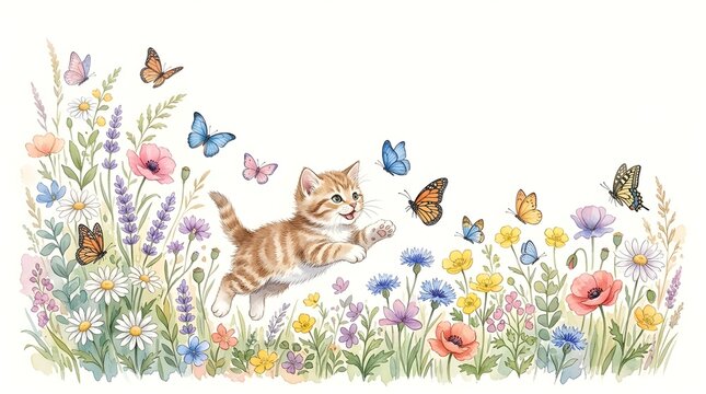 Watercolor Kitten in Wildflower Garden with Butterflies