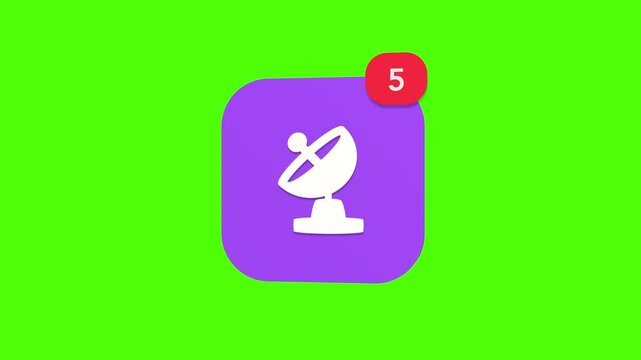 3D purple terrestrial satellite dish antenna receiver standing on ground indicating digital telecommunication network notification icon popping up on green screen.