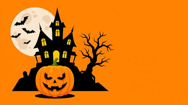 halloween spooky haunted house silhouette with jack o lantern pumpkin and full moon bats