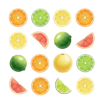 Vibrant watercolor illustration of a citrus fruit grid with orange, lemon, lime, grapefruit, and a pomelo on a white background, refreshing summer produce concept