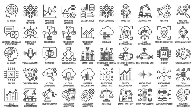 Artificial intelligence and technology line icon set for data science