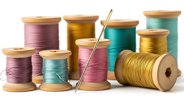 Spools of colorful thread for sewing with embroidery needle embroidery tailoring colorful supplies material handmade creative workshop stitching background isolated photography
