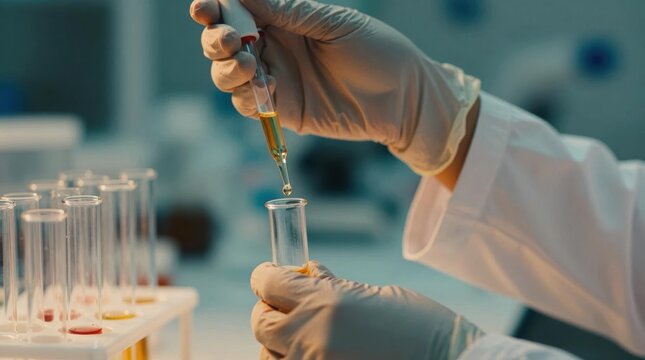 Laboratory worker performs an experiment with test tubes and pipette in a science lab