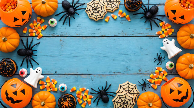 Halloween spooky decorations with pumpkins candy corn and spiders on blue wooden background