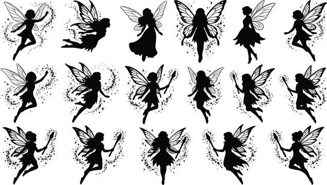 Fairy Silhouette Bundle with Pixie Dust Elements Magic Wands and Butterfly Wings for Mythical Fantasy and Craft Cutting Designs