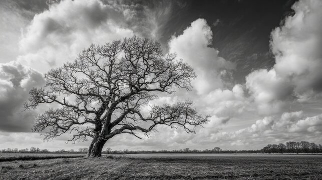 Gnarly wiry bare tree in a farm field under dramatic sky.