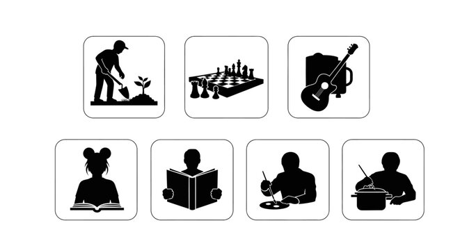 Lifestyle hobby icons set, black silhouette people engaging in leisure activities, gardening chess music reading and cooking vector symbols