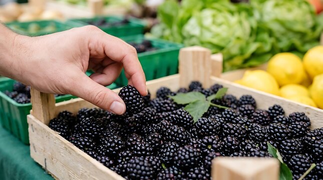 Hand picking blackberry from wooden crate at outdoor market, with lemons and lettuce in background fruit