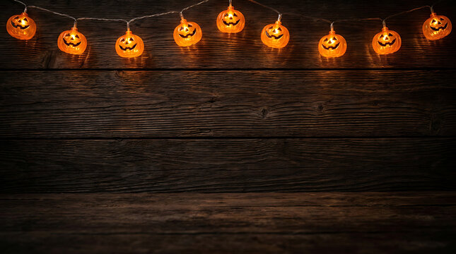 Halloween Pumpkin String Lights Hanging On Dark Wooden Background For Festive Holiday Celebration Decor