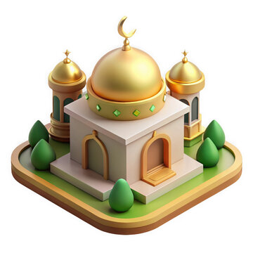 3D golden domed mosque architectural model as clean cutout