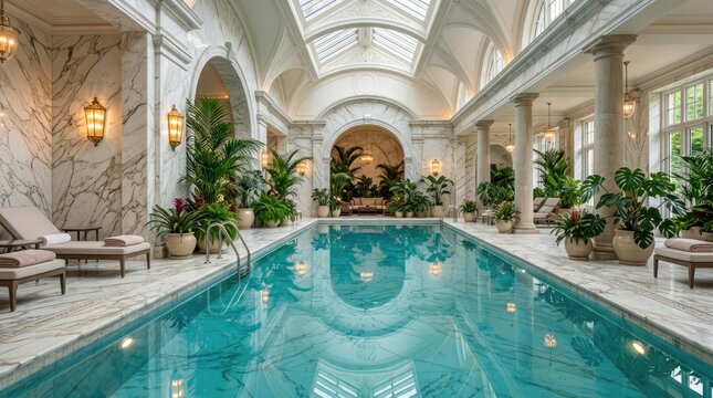 Indoor luxury pool with classical marble architecture