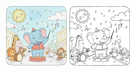Obraz premium Cute Cartoon Elephant Conductor Leading an Animal Parade Orchestra