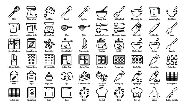 Professional baking tools and kitchen utensil icons with utensils, measuring