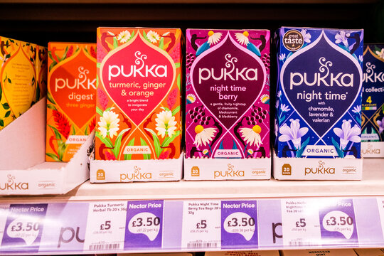 Display of Boxes of Pukka Herbal Tea Bags With No People