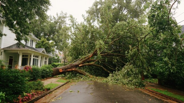 Hurricane damage to a tree on Georgia neighborhood street. Fallen down big tree after tropical storm winds.