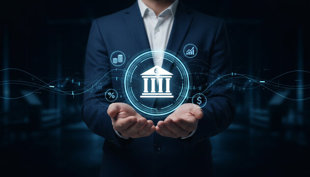 Businessman holding digital bank icon with financial icons surrounding it on futuristic interface.