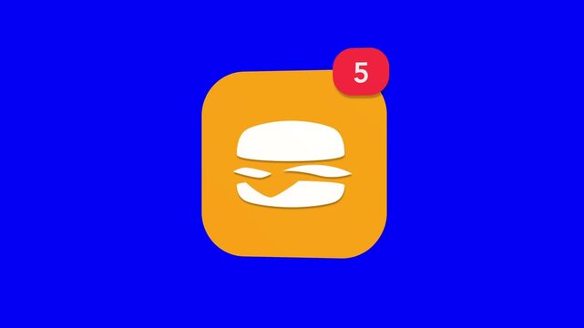 3D golden yellow classic american fast food hamburger sandwich with cheese bun meat layout snack notification icon popping up on blue screen.