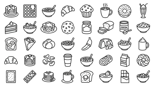Breakfast and brunch food line art icons set with cafe menu breakfast pancakes