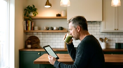 Obraz premium Man sipping smoothie reading tablet professional lifestyle marketing and creative visual concep