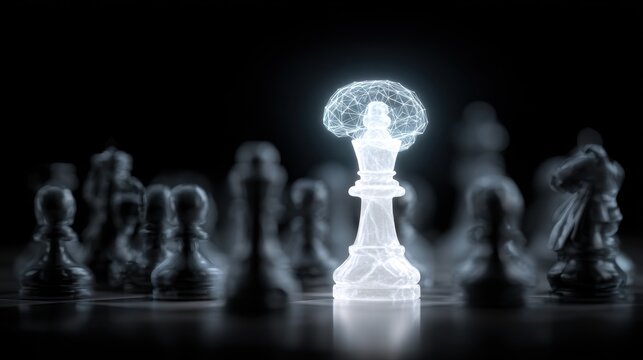 Leader with brain and ideas can make an impact and different concept, White chess king with graphic brain and network icons standout from all the blurred black chess on dark.
