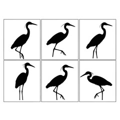 Fototapeta premium Heron silhouette vector collection, set of 6 black crane bird icons, minimalist egret wildlife shapes for logo design and nature branding