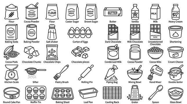 Professional baking ingredients and kitchen tools icon set with ingredients